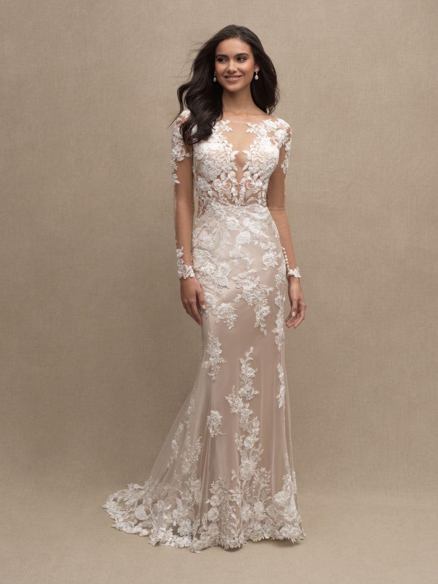 vestido de novia escote ilusión corte sirena y mangas largas