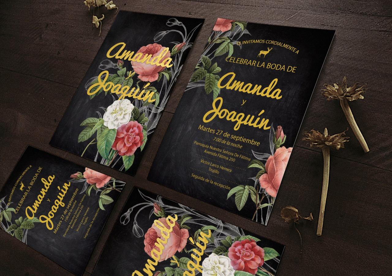 tarjeta de matrimonio civil con decoración floral con fondo negro