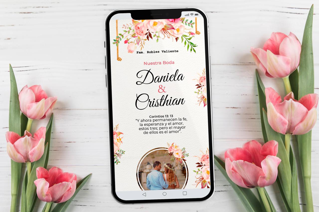 tarjeta de matrimonio civil virtual con decoración floral