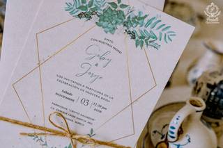 tarjeta de matrimonio civil con decoración de hojas verdes y patrones geométricos