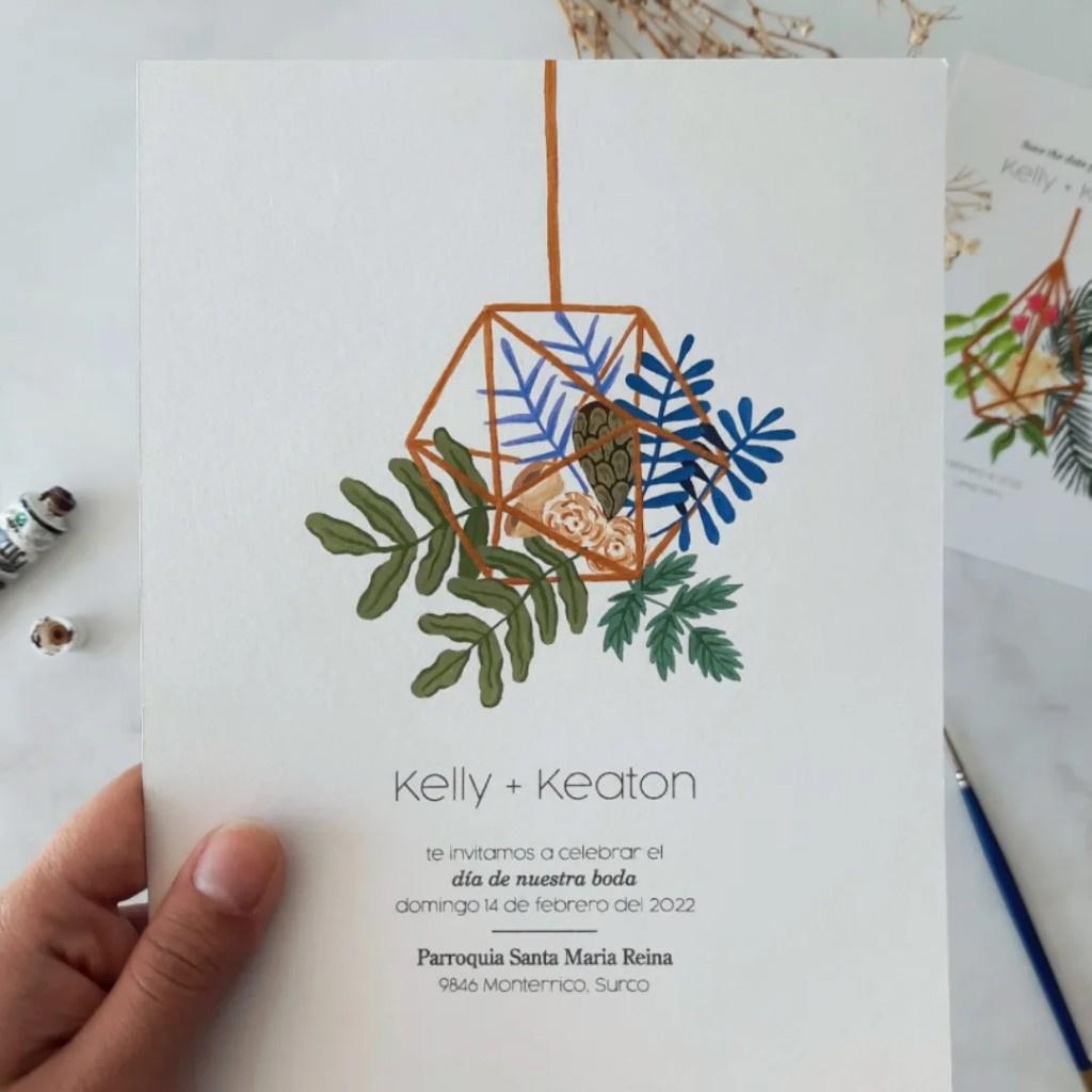 tarjeta de matrimonio civil con decoración de hojas y patrones verticales