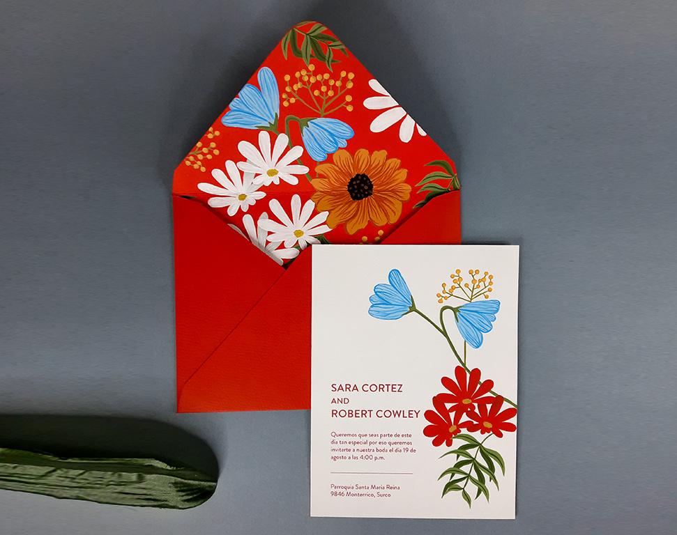 tarjeta de matrimonio civil en color naranja con flores en azul y blanco