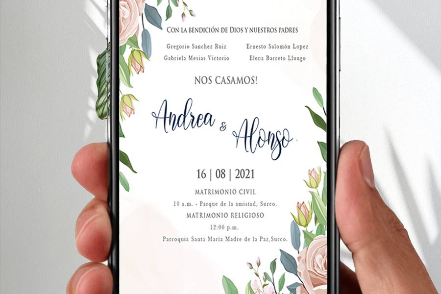 Invitación digital con flores azules