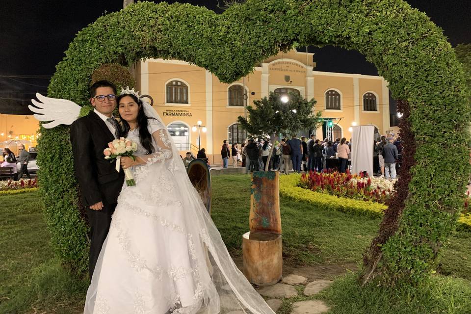 Novios posando en un jardín